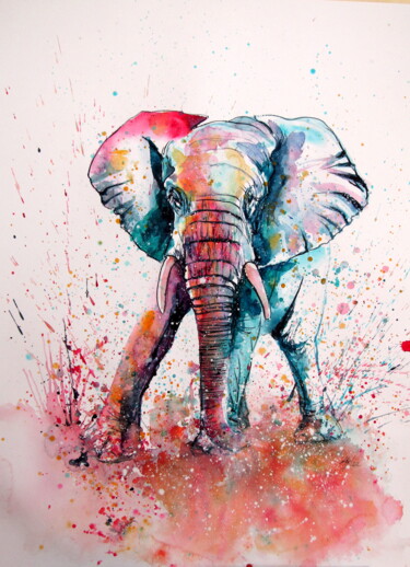 Peinture intitulée "Playful elephant II" par Anna Brigitta Kovacs (KAB), Œuvre d'art originale, Aquarelle