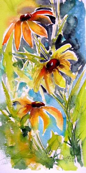 Картина под названием "Yellow flowers" - Anna Brigitta Kovacs (KAB), Подлинное произведение искусства, Акварель