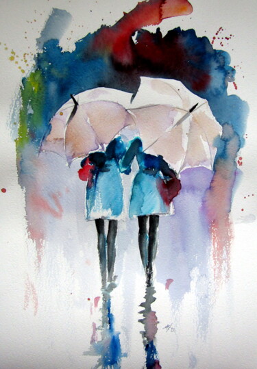 Peinture intitulée "Girlfriends under u…" par Anna Brigitta Kovacs (KAB), Œuvre d'art originale, Aquarelle