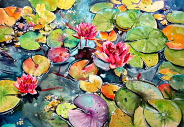Картина под названием "Water lilies" - Anna Brigitta Kovacs (KAB), Подлинное произведение искусства, Акварель
