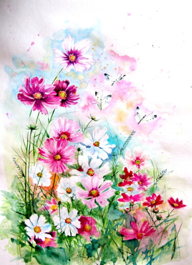 Painting titled "Cosmos flowers with…" by Anna Brigitta Kovacs (KAB), Original Artwork, Watercolor