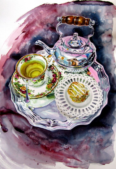 Pintura intitulada "Still life with tea…" por Anna Brigitta Kovacs (KAB), Obras de arte originais, Aquarela