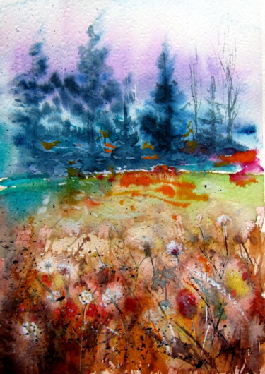 Painting titled "Landscape with wild…" by Anna Brigitta Kovacs (KAB), Original Artwork, Watercolor