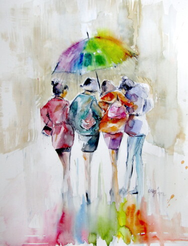 Pittura intitolato "Girlfriends under t…" da Anna Brigitta Kovacs (KAB), Opera d'arte originale, Acquarello