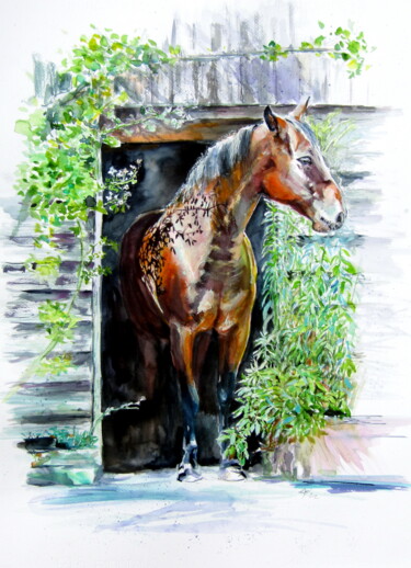 Painting titled "Horse in the yard" by Anna Brigitta Kovacs (KAB), Original Artwork, Watercolor