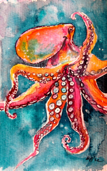 Painting titled "Octopus II" by Anna Brigitta Kovacs (KAB), Original Artwork, Watercolor