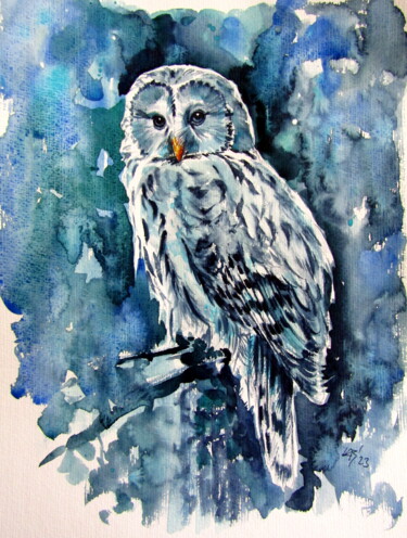 Schilderij getiteld "Owl in the forest" door Anna Brigitta Kovacs (KAB), Origineel Kunstwerk, Aquarel
