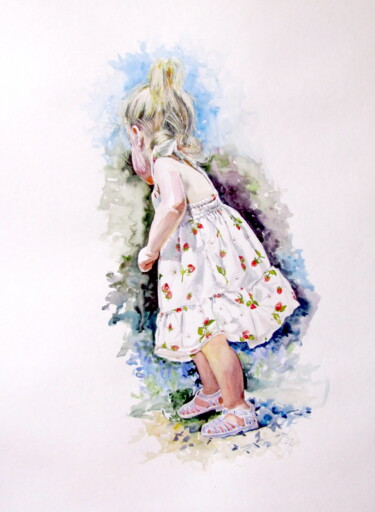 Painting titled "Little girl picking…" by Anna Brigitta Kovacs (KAB), Original Artwork, Watercolor