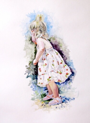 Schilderij getiteld "Little girl picking…" door Anna Brigitta Kovacs (KAB), Origineel Kunstwerk, Aquarel