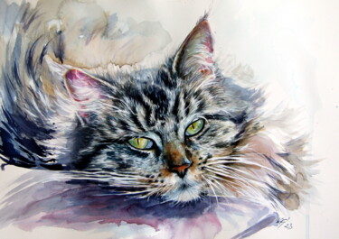 Malerei mit dem Titel "Resting cat at home" von Anna Brigitta Kovacs (KAB), Original-Kunstwerk, Aquarell