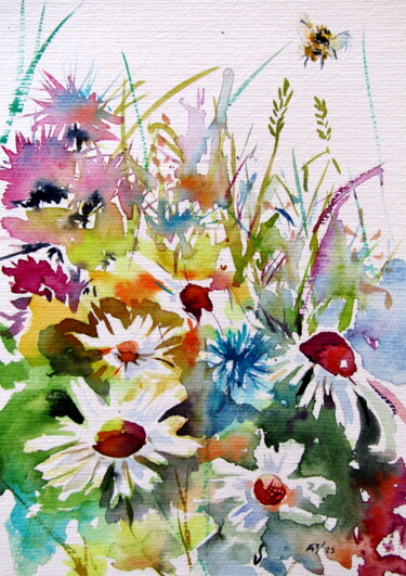 Schilderij getiteld "Colorful wildflowers" door Anna Brigitta Kovacs (KAB), Origineel Kunstwerk, Aquarel
