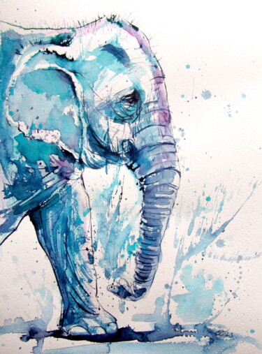 Картина под названием "Elephant playing" - Anna Brigitta Kovacs (KAB), Подлинное произведение искусства, Акварель