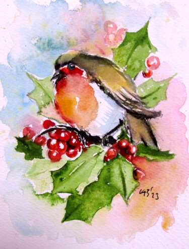 Painting titled "Bird in the garden…" by Anna Brigitta Kovacs (KAB), Original Artwork, Watercolor