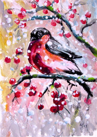 Pittura intitolato "Snowfall with bird" da Anna Brigitta Kovacs (KAB), Opera d'arte originale, Acrilico