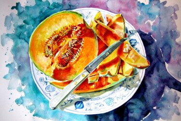 Ζωγραφική με τίτλο "Melon still life" από Anna Brigitta Kovacs (KAB), Αυθεντικά έργα τέχνης, Ακουαρέλα