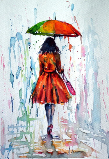 Painting titled "Colorful rain" by Anna Brigitta Kovacs (KAB), Original Artwork, Watercolor