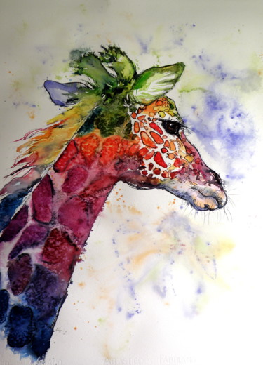 Pintura titulada "Funny giraffe" por Anna Brigitta Kovacs (KAB), Obra de arte original, Acuarela