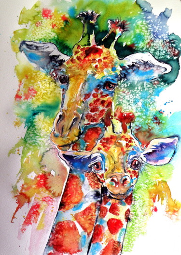 Ζωγραφική με τίτλο "Baby giraffe with m…" από Anna Brigitta Kovacs (KAB), Αυθεντικά έργα τέχνης, Ακουαρέλα