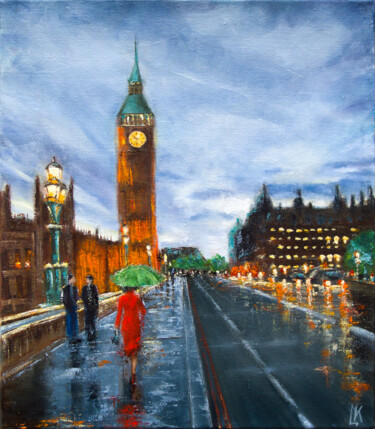 Painting titled "london rain" by Ludmila Kovalenko, Original Artwork, Oil Mounted on Wood Stretcher frame