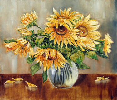 Malerei mit dem Titel "Sunflowers in a vase" von Ludmila Kovalenko, Original-Kunstwerk, Öl Auf Keilrahmen aus Holz montiert