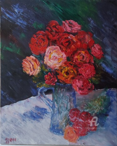 Malerei mit dem Titel "Des roses le soir" von Kozar, Original-Kunstwerk, Öl Auf Keilrahmen aus Holz montiert