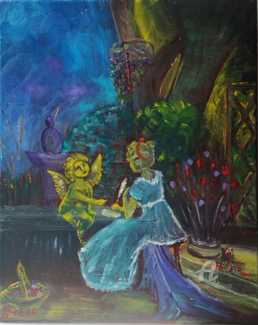 Картина под названием "Лунная ночь в саду" - Kozar, Подлинное произведение искусства, Масло Установлен на Деревянная рама дл…