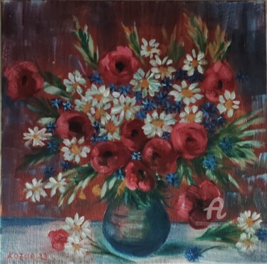 Painting titled "Полевые цветы" by Kozar, Original Artwork, Oil Mounted on Wood Stretcher frame