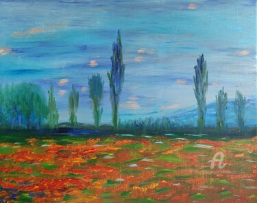 Painting titled "champ de coquelicots" by Kozar, Original Artwork, Oil Mounted on Wood Stretcher frame