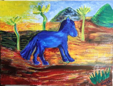 Pintura intitulada "Cheval bleu" por Kozar, Obras de arte originais, Óleo Montado em Armação em madeira