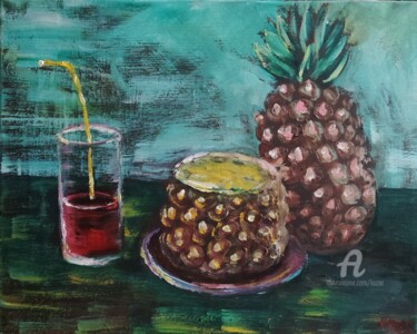 Painting titled "Nature morte aux an…" by Kozar, Original Artwork, Oil Mounted on Wood Stretcher frame