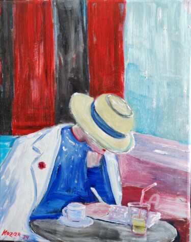 Pintura intitulada "Dame dans un café" por Kozar, Obras de arte originais, Óleo Montado em Armação em madeira