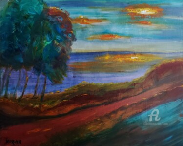 Painting titled "lune sur la rivière" by Kozar, Original Artwork, Oil Mounted on Wood Stretcher frame