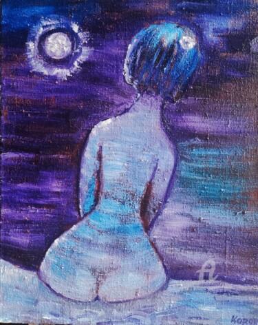 Painting titled "Nu au clair de lune" by Kozar, Original Artwork, Oil Mounted on Wood Stretcher frame