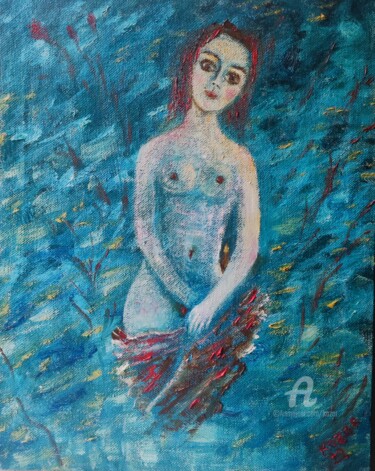 Schilderij getiteld "Femme nue. Rose sau…" door Kozar, Origineel Kunstwerk, Olie Gemonteerd op Frame voor houten brancard