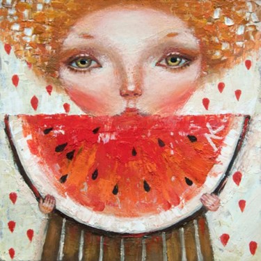 Картина под названием "Girl with watermelon" - Elena Krashevskaya, Подлинное произведение искусства, Масло