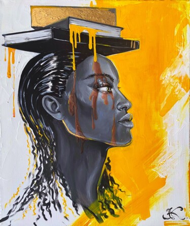Картина под названием "Books on the head o…" - Ksenia Kravtsova, Подлинное произведение искусства, Акрил Установлен на Дерев…