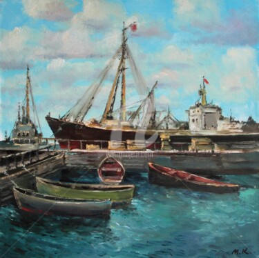 Картина под названием "Seiner boat in wharf" - Mark Kremer, Подлинное произведение искусства, Масло