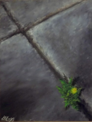 Painting titled "Sidewalk dandelions" by Alexander Kriegel, Original Artwork, Oil Mounted on Wood Stretcher frame
