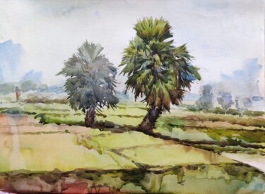 Painting titled "Palm tree Painting" by Krishna Mondal, Original Artwork, Watercolor