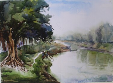 「River side tree sca…」というタイトルの絵画 Krishna Mondalによって, オリジナルのアートワーク, 水彩画