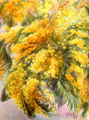 Pintura intitulada "GOLDEN MIMOSA" por Kristina Kristiana, Obras de arte originais, Aquarela