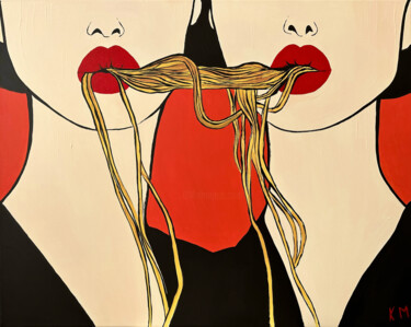 Painting titled "They Love Pasta" by Kristina Mallen, Original Artwork, Acrylic Mounted on Wood Stretcher frame