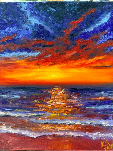 Painting titled "Red sunset" by Kristina Sergeeva, Original Artwork, Oil Mounted on Wood Stretcher frame