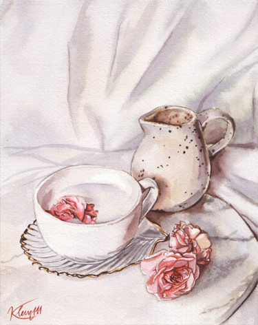 Ζωγραφική με τίτλο "Молоко и розы" από Кристина Вешкина (Klem111), Αυθεντικά έργα τέχνης, Ακουαρέλα