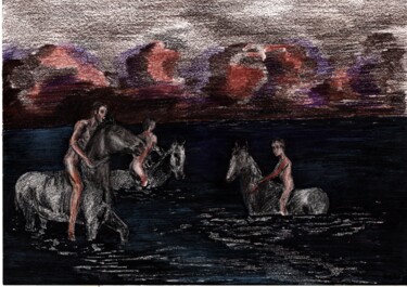 「Bathing of a  Horses」というタイトルの絵画 Krughoffによって, オリジナルのアートワーク, 鉛筆