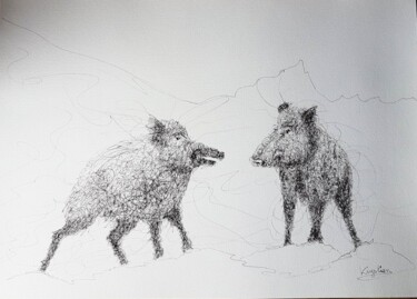 Dessin intitulée "boars" par Krystian, Œuvre d'art originale, Encre