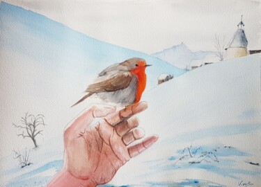 Peinture intitulée "RedRobin" par Krystian, Œuvre d'art originale, Aquarelle