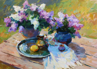 Peinture intitulée "Lilac and Spring Sun" par Aleksander Kryushyn, Œuvre d'art originale, Huile