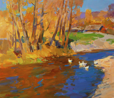 Painting titled "Sunny autumn" by Aleksander Kryushyn, Original Artwork, Oil Mounted on Wood Stretcher frame