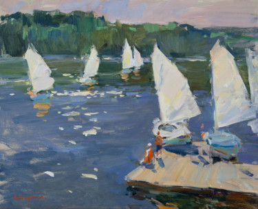 Painting titled "The Sailboat Pier" by Aleksander Kryushyn, Original Artwork, Oil Mounted on Wood Stretcher frame